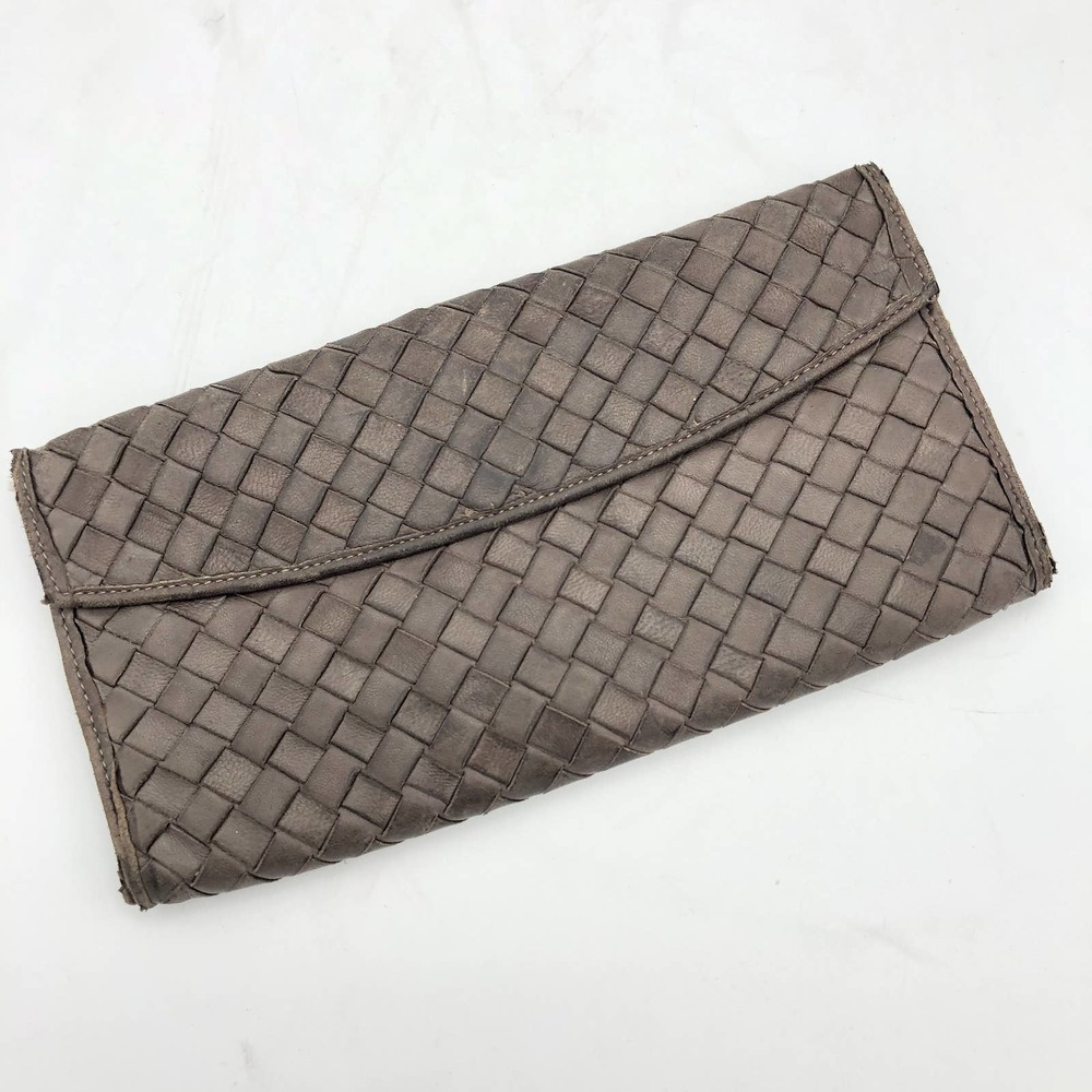 Brown Woven Leather Wallet Long Bi-Fold Italian